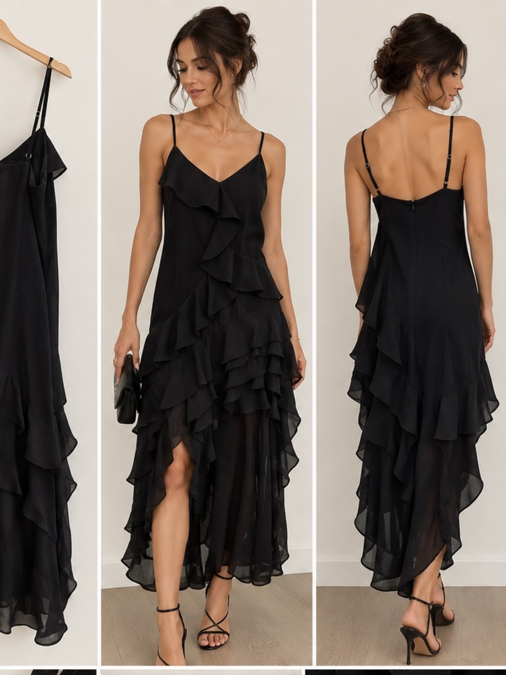 RACHEL Rachel Roy Black Layered Ruffle High-Low Slip Dress